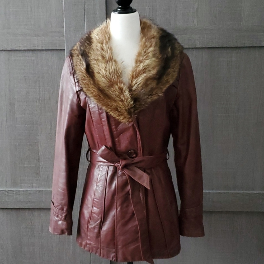 Women's real fur collar belted faux leather jacket